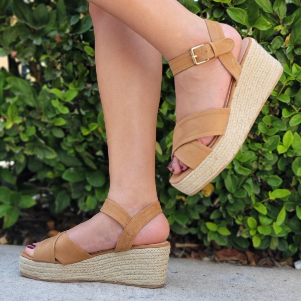 Women's Open Toe Wedge Espadrille Camel Color Ankle Strap Buckle Closure